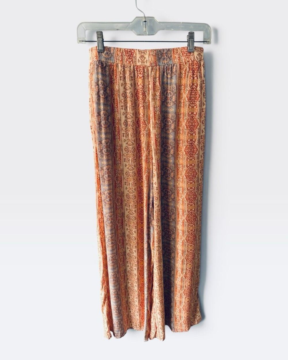 NIB Calista Wide Leg Boho Printed Pants Rust Blue Cream Elastic Waist Small